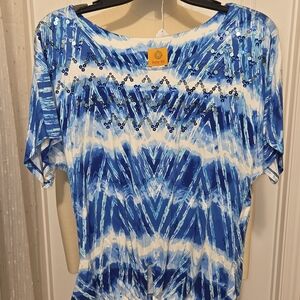 Ruby Rd. Blue and White Patterned Sequin Tee